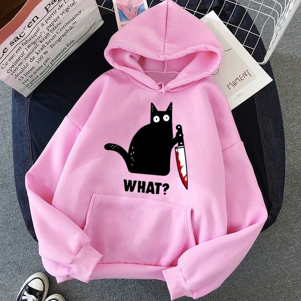 2020 autumn winter fleece women's sportswear harajuku print funny cat what hip hop clothing streetwear hoodies sweatshirt, Black